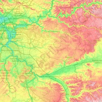 Topografische kaart Seine-et-Marne, hoogte, reliëf