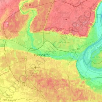 Topografische kaart Bydgoszcz, hoogte, reliëf
