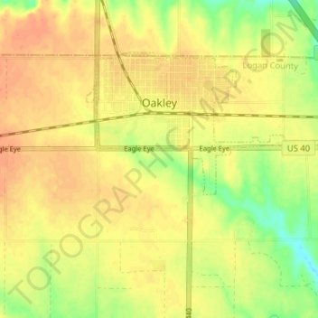 Topografische kaart Oakley, hoogte, reliëf