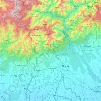 Topografische kaart Darjeeling, hoogte, reliëf