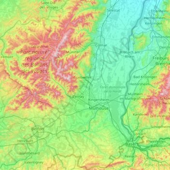 Topografische kaart Haut-Rhin, hoogte, reliëf
