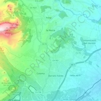 Topografische kaart la Nucia, hoogte, reliëf