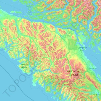 Topografische kaart Area A (Kyuquot/Nootka/Sayward), hoogte, reliëf