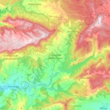 Topografische kaart Cornudella de Montsant, hoogte, reliëf