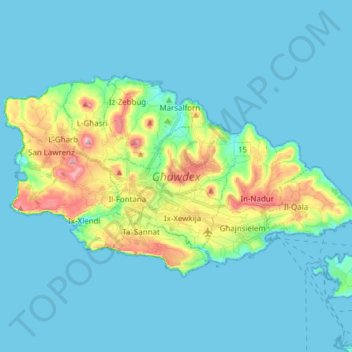 Topografische kaart Għawdex, hoogte, reliëf