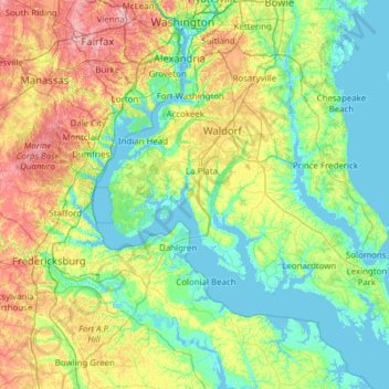 Topografische kaart Lower Potomac River, hoogte, reliëf