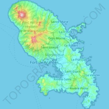 Topografische kaart Martinique, hoogte, reliëf