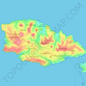 Topografische kaart Għawdex, hoogte, reliëf