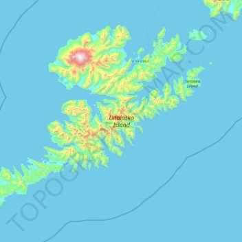 Topografische kaart Unalaska Island, hoogte, reliëf