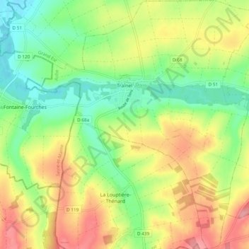 Topografische kaart Traînel, hoogte, reliëf