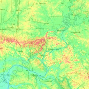 Topografische kaart Shawnee National Forest, hoogte, reliëf