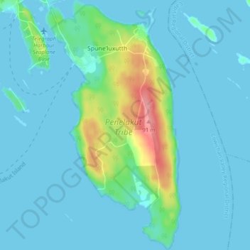 Topografische kaart Penelakut Island, hoogte, reliëf