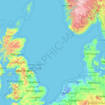 Topografische kaart Noordzee, hoogte, reliëf