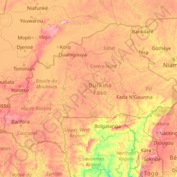 Topografische kaart Burkina Faso, hoogte, reliëf