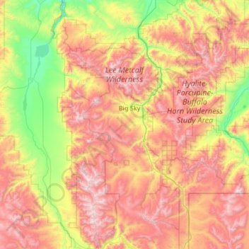 Topografische kaart Lee Metcalf Wilderness Area, hoogte, reliëf