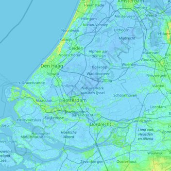 Topografische kaart Zuid-Holland, hoogte, reliëf