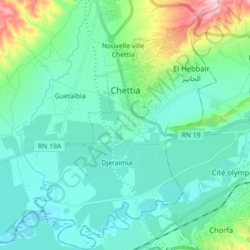 Topografische kaart Chettia, hoogte, reliëf