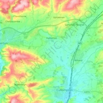 Topografische kaart Halberton, hoogte, reliëf