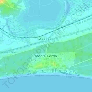 Topografische kaart Monte Gordo, hoogte, reliëf