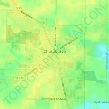 Topografische kaart Churubusco, hoogte, reliëf