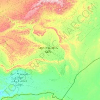 Topografische kaart Province de Zagora ⵍⵉⵇⵍⵉⵎ ⵏ ⵣⴰⴳⵓⵔⴰ إقليم زاكورة, hoogte, reliëf