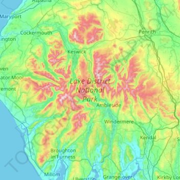 Topografische kaart Parc national du Lake District, hoogte, reliëf