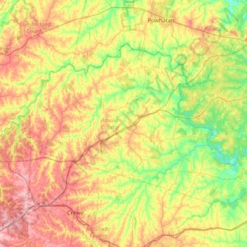 Topografische kaart Amelia County, hoogte, reliëf