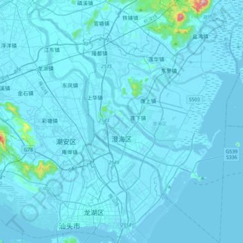 Topografische kaart 澄海区, hoogte, reliëf