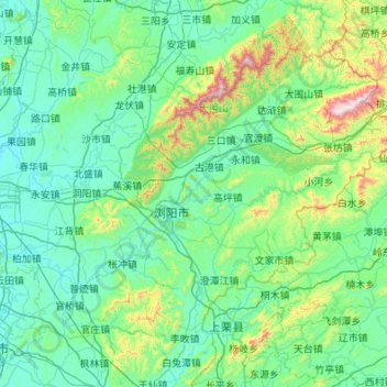 Topografische kaart 浏阳市, hoogte, reliëf