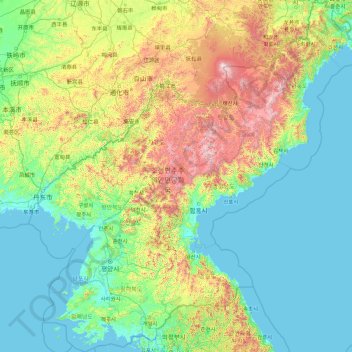 Topografische kaart Noord-Korea, hoogte, reliëf