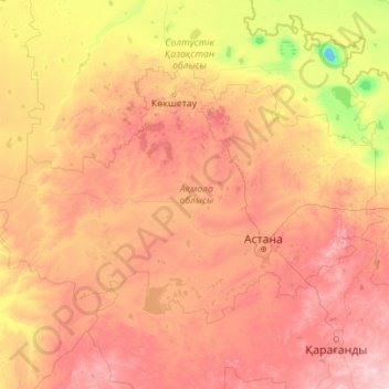 Topografische kaart Акмолинская область, hoogte, reliëf