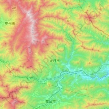 Topografische kaart 大月市, hoogte, reliëf