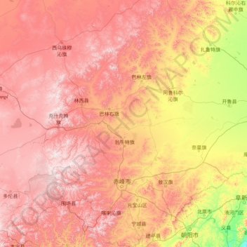 Topografische kaart 赤峰市, hoogte, reliëf