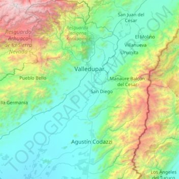 Topografische kaart Valledupar, hoogte, reliëf