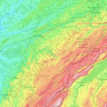 Topografische kaart Doubs, hoogte, reliëf