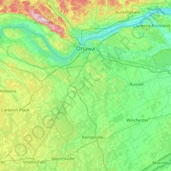 Topografische kaart Ottawa, hoogte, reliëf