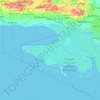 Topografische kaart Ciénaga de Zapata, hoogte, reliëf