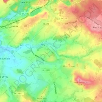 Topografische kaart Rety, hoogte, reliëf