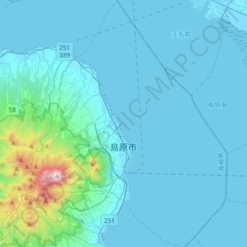 Topografische kaart Shimabara, hoogte, reliëf
