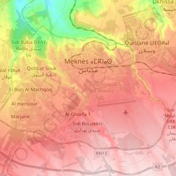 Topografische kaart Meknès, hoogte, reliëf