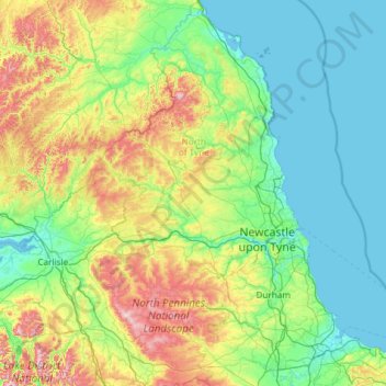 Topografische kaart North East England, hoogte, reliëf