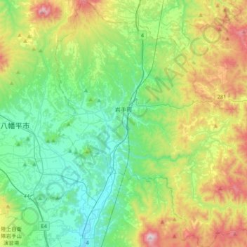 Topografische kaart 岩手町, hoogte, reliëf