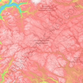 Topografische kaart Hardangervidda nasjonalpark, hoogte, reliëf