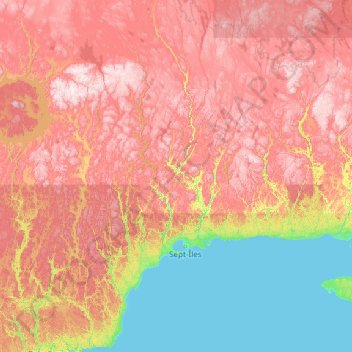 Topografische kaart Sept-Rivières, hoogte, reliëf