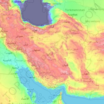 Topografische kaart Iran, hoogte, reliëf