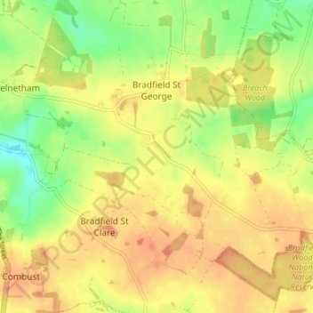 Topografische kaart Bradfield St George, hoogte, reliëf