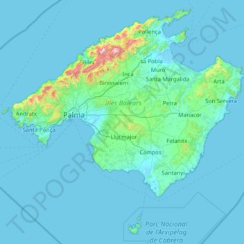 Topografische kaart Mallorca, hoogte, reliëf