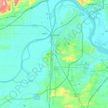 Topografische kaart Fort Smith, hoogte, reliëf