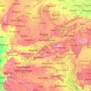 Topografische kaart Narmada, hoogte, reliëf