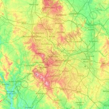 Topografische kaart West Midlands, hoogte, reliëf